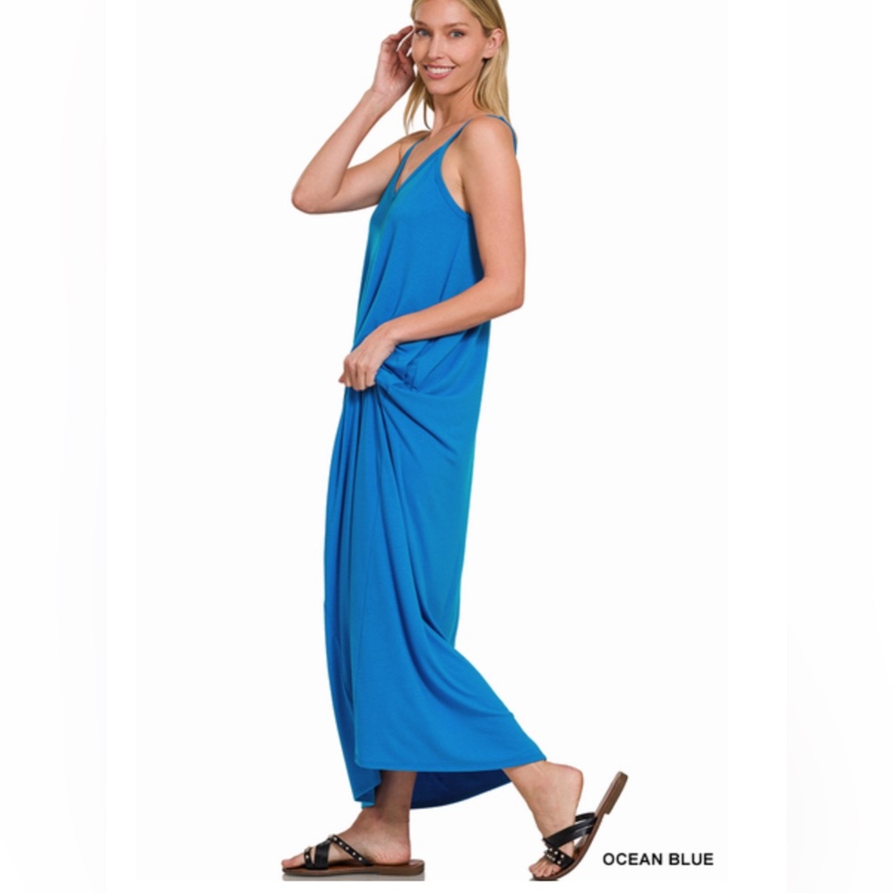 NWT ZENANA V-NECK CAMI MAXI DRESS WITH SIDE POCKETS